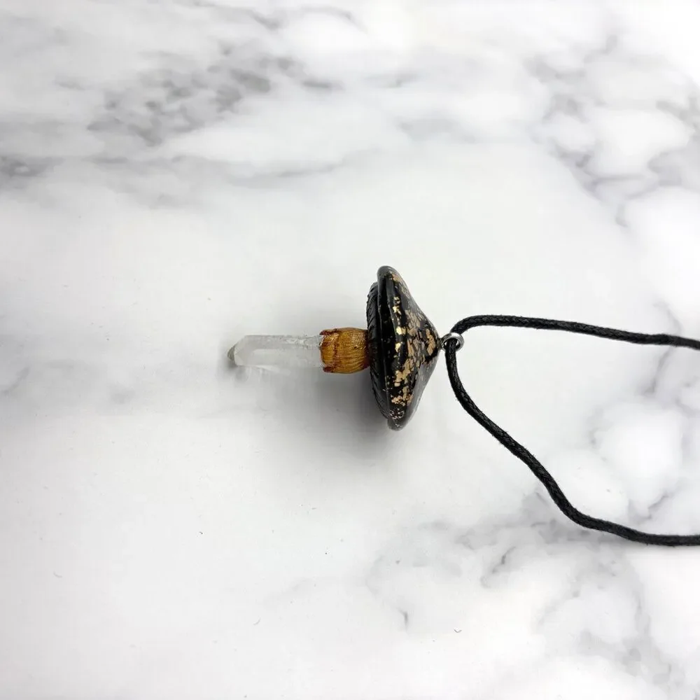 Black Mushroom Necklace with Quartz Crystal | Gold Leaf Polymer Clay Pendant